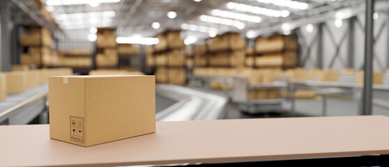 A cardboard box on a tabletop over a blurred background of a modern distribution warehouse.