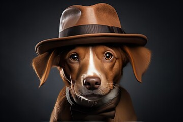 A dog in a brown hat on a black background.