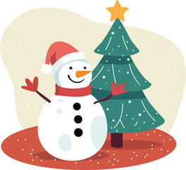 Festive Cartoon of Snowman and Christmas Tree Illustration