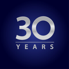 30 years for celebration events, anniversary, commemorative date. silver thirty years logo. blue background