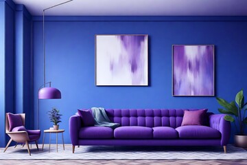 Modern interior design, in a spacious room, a blue  wall, Bright, spacious room, with a comfortable sofa,  purple color.