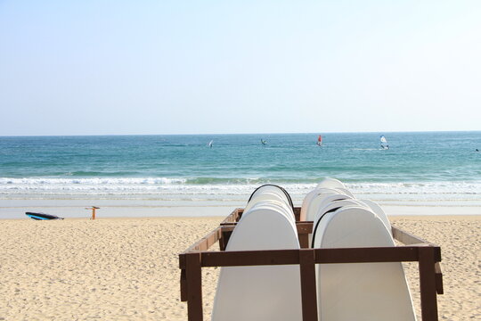 Idle Surfboards in Songjeong Beach in Busan, South Korea