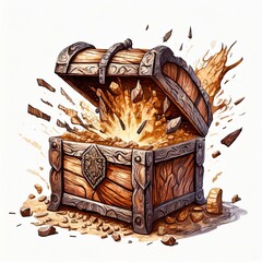 loot chest exploding open, isolated, white background wooden theme