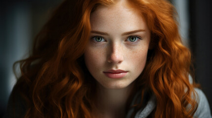 Obraz premium Close up of a fair skinned fashion model with red hair, freckles and perfect skin. Cosmetics and skin care.