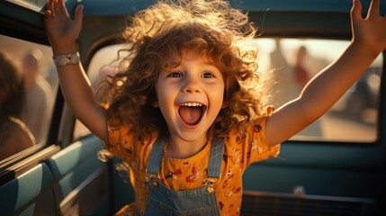 Red hair happy has her arms up while sticking out car window. Lifestyle, travel concept - obrazy, fototapety, plakaty