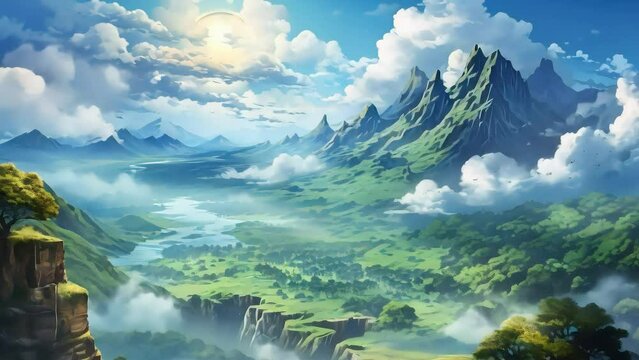 mountain valley landscape anime video AI generated