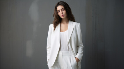 Studio portrait of a female model in a white pants. Business attire.