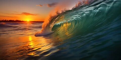That portray ocean waves against a sunset backdrop.