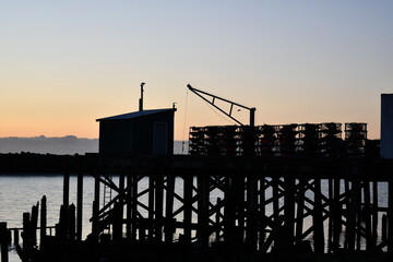 Commercial crabbing dock at sunset.