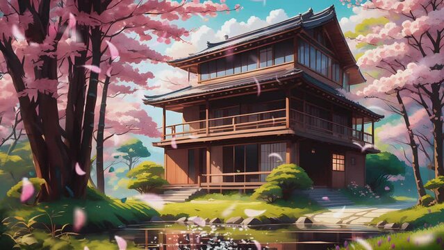 Enchanting wooden cottage surrounded by cherry blossom trees with gently falling petals. Illustrated in a cartoon or Japanese anime painting style. Seamless loop of a 4K virtual video animation.