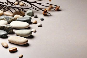 Fototapeta na wymiar Serene beauty backdrop stones & branches Ideal for natural product branding Front perspective mockup 