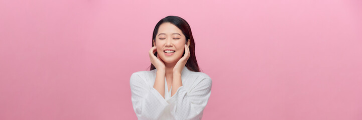 Banner of beautiful woman with healthy skin on pink background