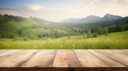 blank wooden table top with blur green meadow view for organic product advertising background