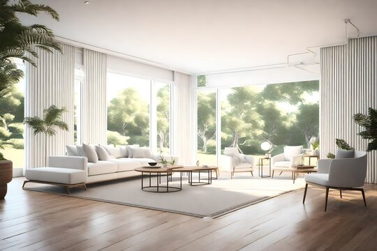 3D Modern style white house interior with wooden terrace 3d render,decorated with white furniture, nature view