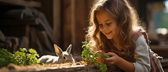 Girl tending her pet rabbit, giving it leftover bread and veggies from the garden.. - obrazy, fototapety, plakaty