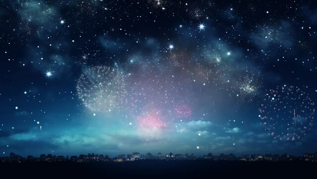 fireworks festival in the night sky, new year's eve celebration 2024. Seamless looping video background animation, cartoon style. Generated with AI