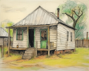 A run-down rural shack of a home with dilapidated shanty porch in kid's style colored pencil drawing