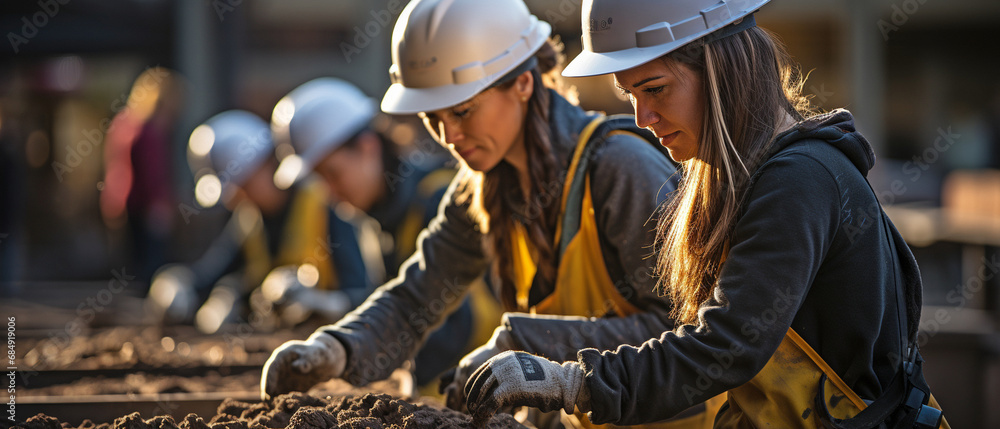 Wall mural women wearing hardhats lugging about hollow, flat clay bricks in a group while storing building supp - Wall murals