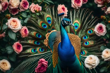 peacock with feathers and rose flowers
