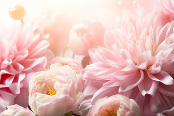 Soft focus wide banner, blurred rose color flower peony petals, close up macro nature background. Beautiful bloom backdrop. Pink white flowers top view, flowery wallpaper, pastel color floral pattern