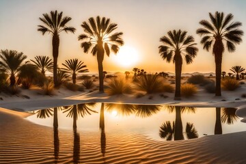 palm trees at sunset near the pond