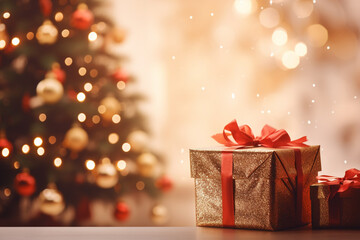 Beautiful Christmas tree and presents on a blurred defocused Christmas Holiday winter background with bokeh