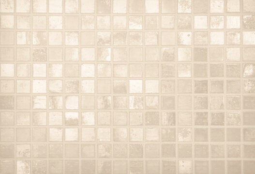 Fototapeta Cream light ceramic wall chequered and floor tiles mosaic background in bathroom, kitchen. Design pattern geometric with grid wallpaper texture decoration pool. Simple seamless abstract surface clean.