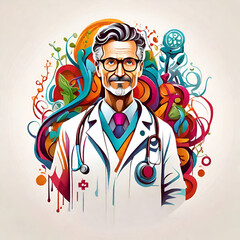 colorful Stylized Organic Doctor, An illustration of a medical concept, solid white background,