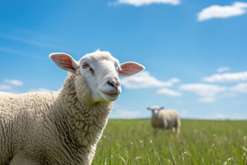 Naklejka na ściany i meble Two sheep grazing in the meadow