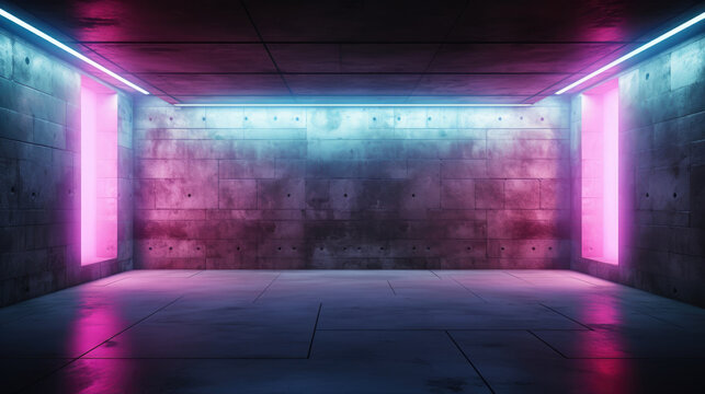 empty room Modern Futuristic Sci Fi Concept Club Background with pink blue neon © Planetz