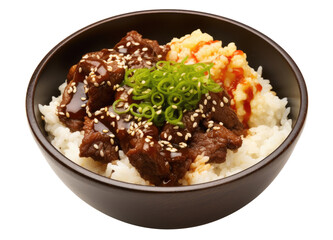 Wooden bowl with beef with rice isolated on transparent background, Asian cuisine