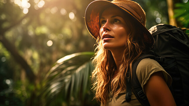 A female explorer in the rainforest among exotic flora and fauna