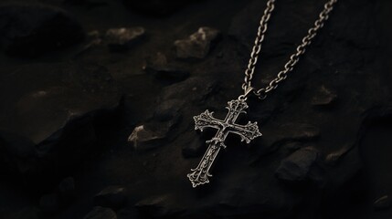 Fototapeta premium Necklace with metallic cross on dark background.