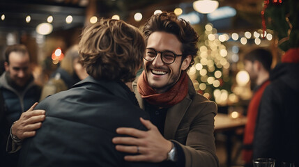 Two young men having a good time together at a Christmas market
