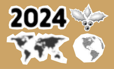 Christmas and New Year trendy halftone icons, collage of vintage 90s style of paper magazine clippings. Composed of big amount of circles.
