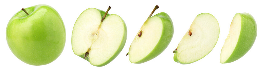 green apple (granny smith apple), half and slice isolated, transparent PNG, collection, PNG format, cut out