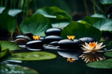 Spa - Natural Alternative Therapy With  Stones And Waterlily In Water