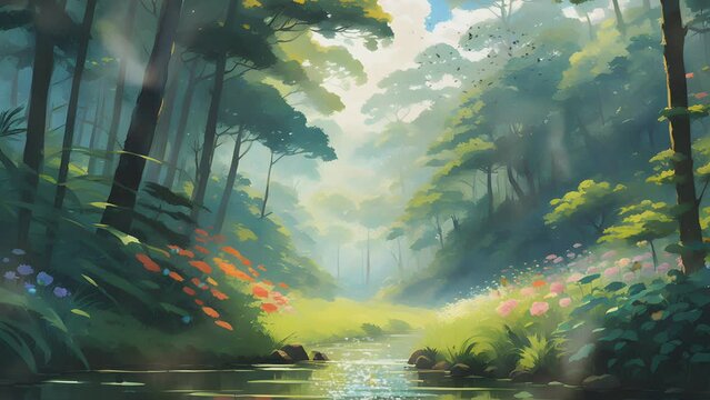 Beautiful jungle forest with trees and river. Cartoon or Japanese anime illustration painting style. seamless looping 4K virtual video animation background