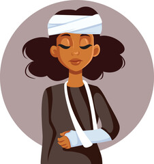 Female Victim Suffering Head injury and a Broken Arm Vector Illustration. Woman healing after major concussions and trauma from an accident 
