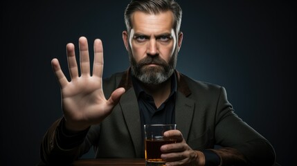 Dry January, man refuses and say no to alcohol, whiskey glass , stopping hand sign