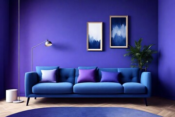 Modern interior design, in a spacious room, a blue  wall, Bright, spacious room, with a comfortable sofa,  purple color.