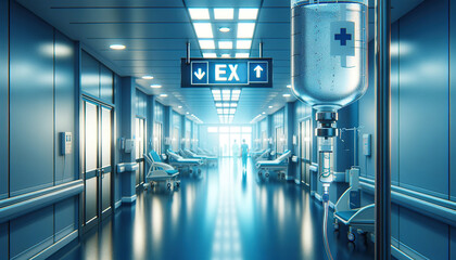 modern hospital exit corridor interior in the background, with a healthcare concept