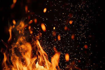 Fototapeta na wymiar Fire embers particles over black background. Fire sparks background. Abstract dark glitter fire particles lights. bonfire in motion blur. flames burning