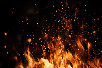 Fire embers particles over black background. Fire sparks background. Abstract dark glitter fire particles lights. bonfire in motion blur. flames burning - obrazy, fototapety, plakaty