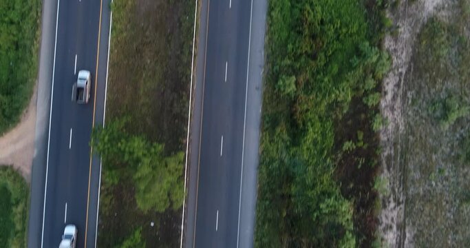 Aerial view transport main rural highway road moorning sunrise asphalt road transport industry