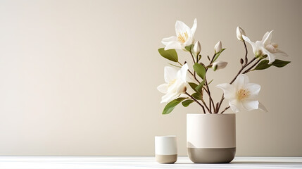 Fototapeta na wymiar Green Plant and white Vase on a Table in house on white wall, Minimal cozy counter mockup design for product presentation background. Branding in Japan style