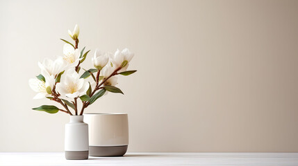 Green Plant and white Vase on a Table in house on white wall, Minimal cozy counter mockup design for product presentation background. Branding in Japan style