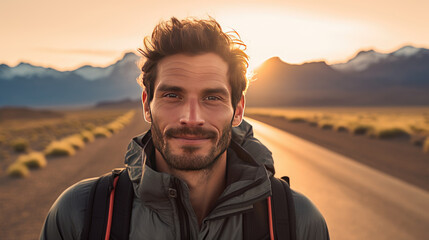 Headshot of a male traveler traveling on the road with mountains in the background at sunset