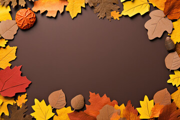 Naklejka na ściany i meble autumn leaves border, autumn leaves frame, Frame of yellow maple leaves, red oak leaves, pear and acorns on brown background