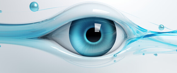 blue eyeball is seen through circular lens in white background with reflection of eye